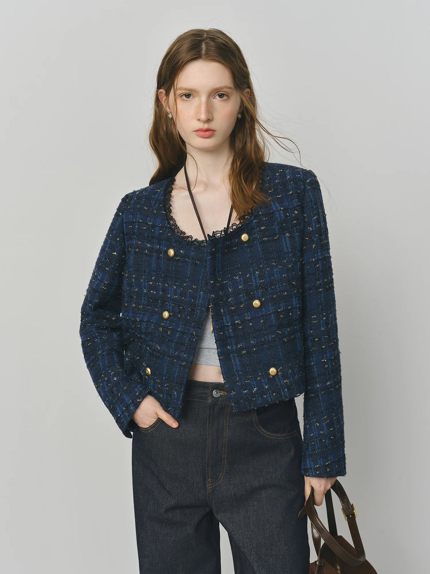 Navy Lace Trim Tweed Jacket