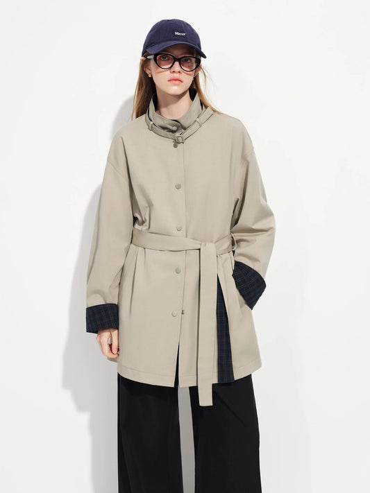 Stone Contrast Cuff Belted Short Trench