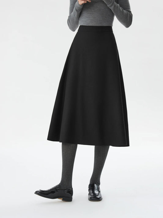 Black Wool A-Line Midi Skirt