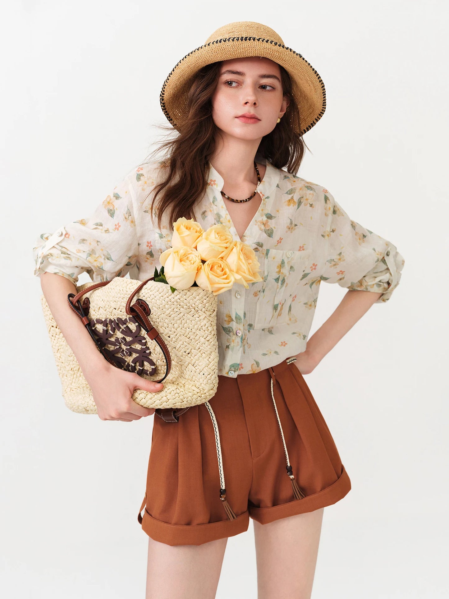 Blue Floral Ruffle Neck Blouse