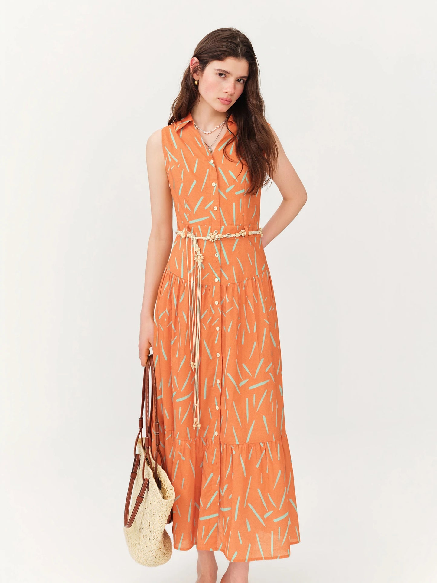 Orange Abstract Print Shirt Midi Dress