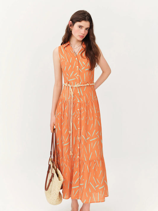 Orange Abstract Print Shirt Midi Dress