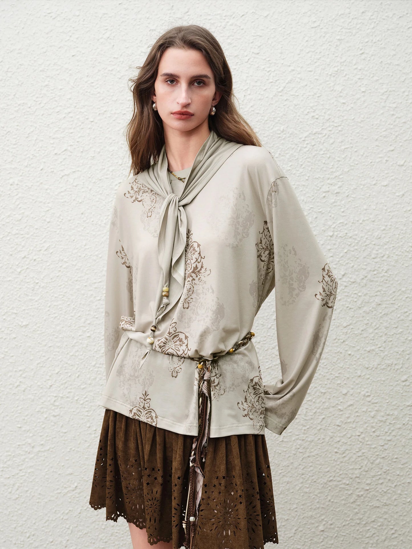 Taupe Jacquard Mandarin Collar Blouse