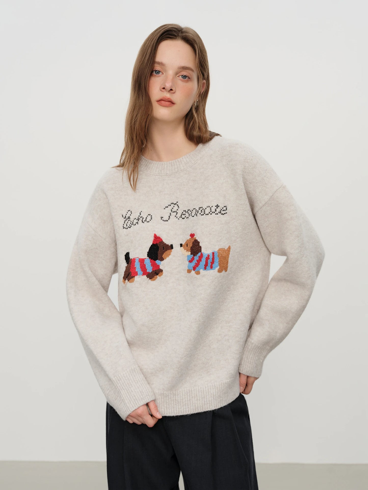 Grey Puppy Embroidered Knit Sweater