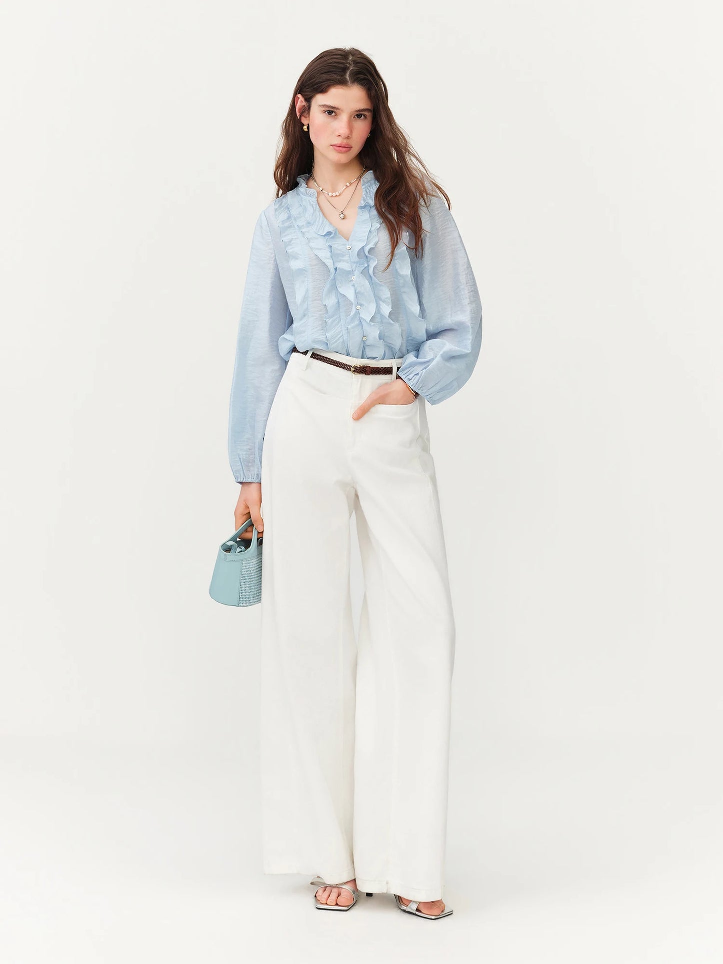 Pale Blue Ruffle Front Blouse