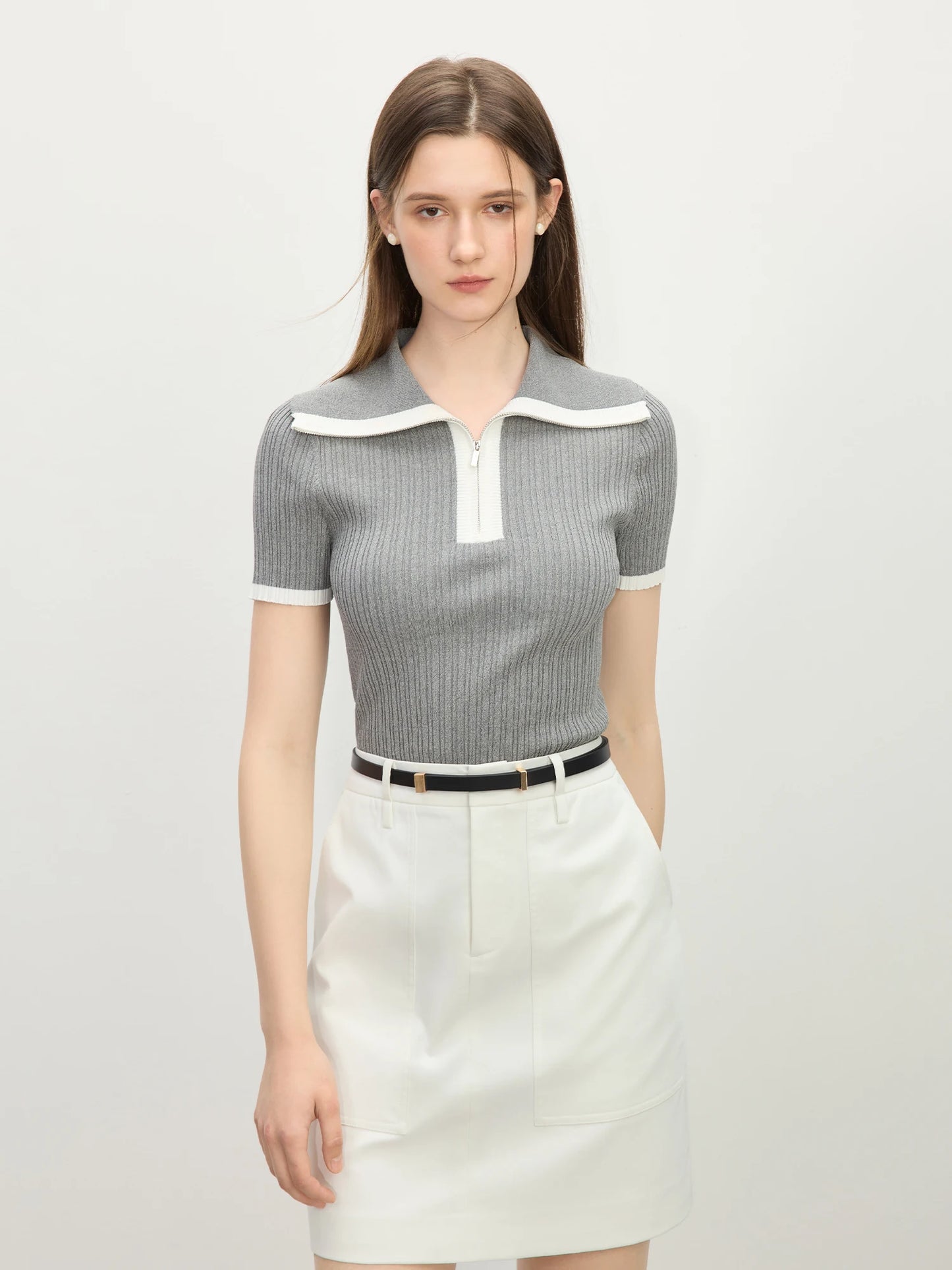 Powder Blue Contrast Collar Ribbed Knit Top