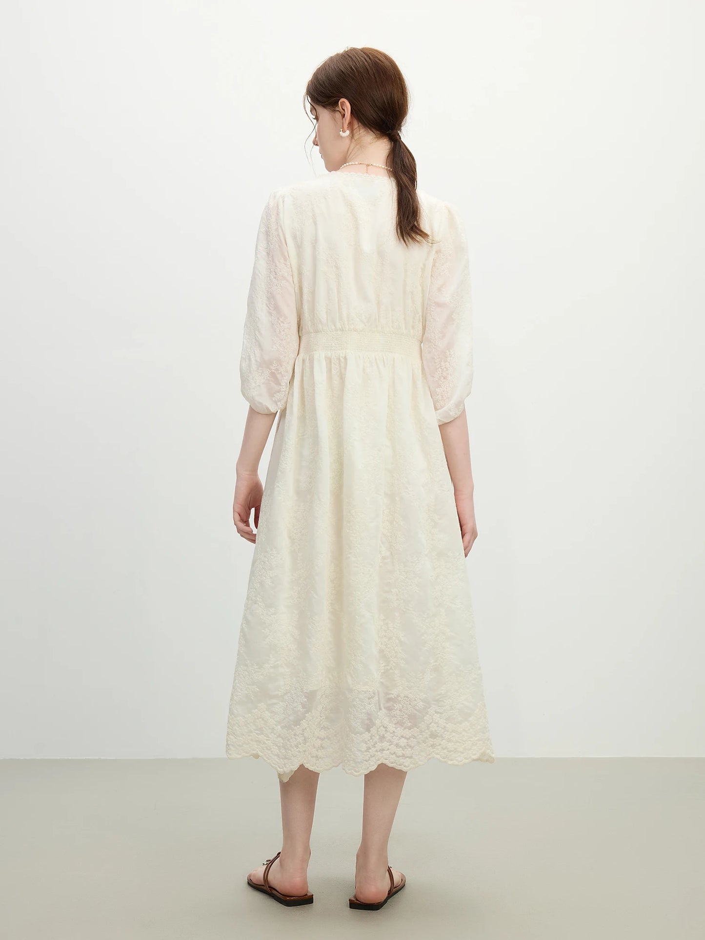 Ivory Lace Puff Sleeve Midi Dress