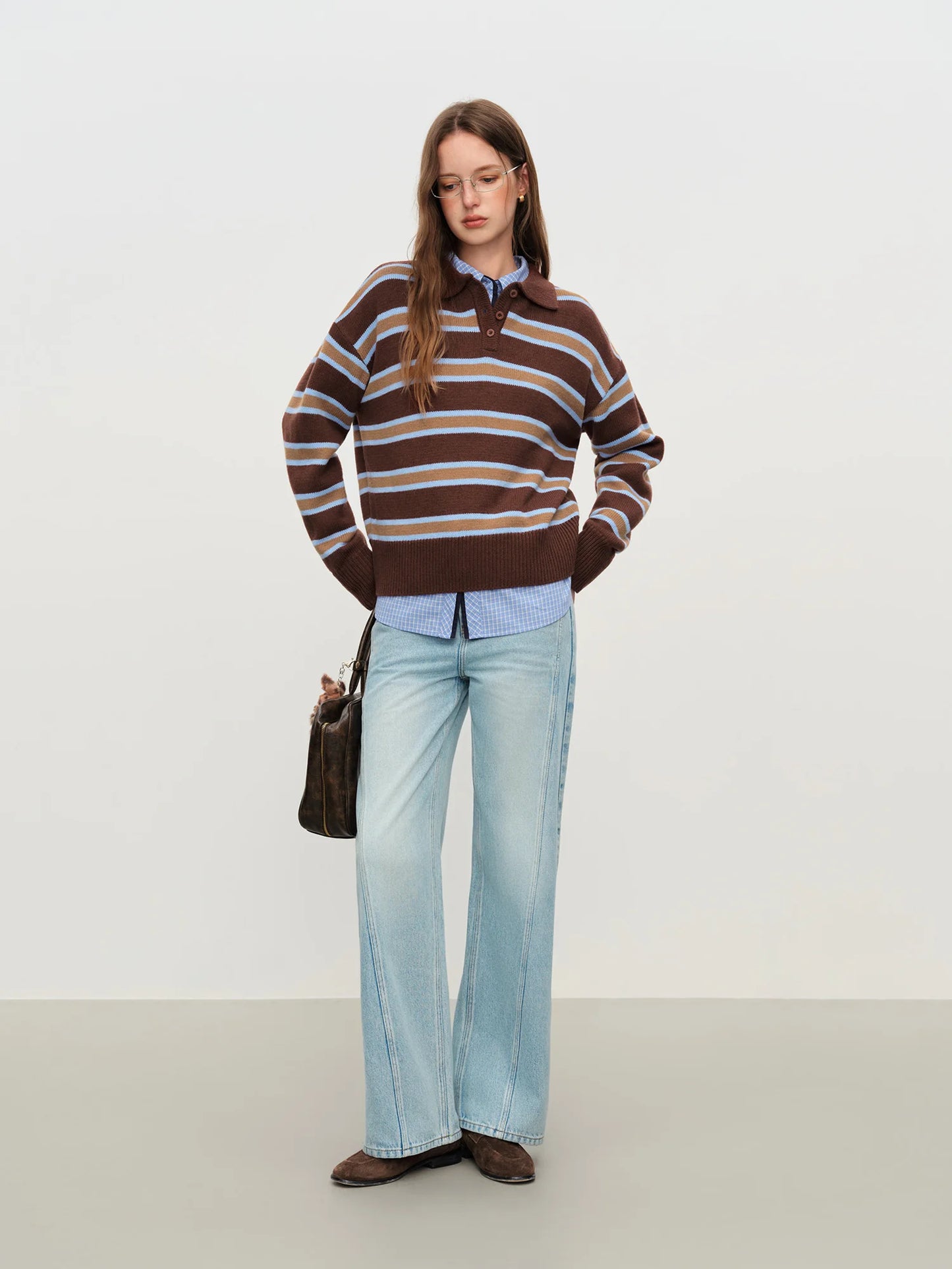 Brown Striped Layered Polo Sweater