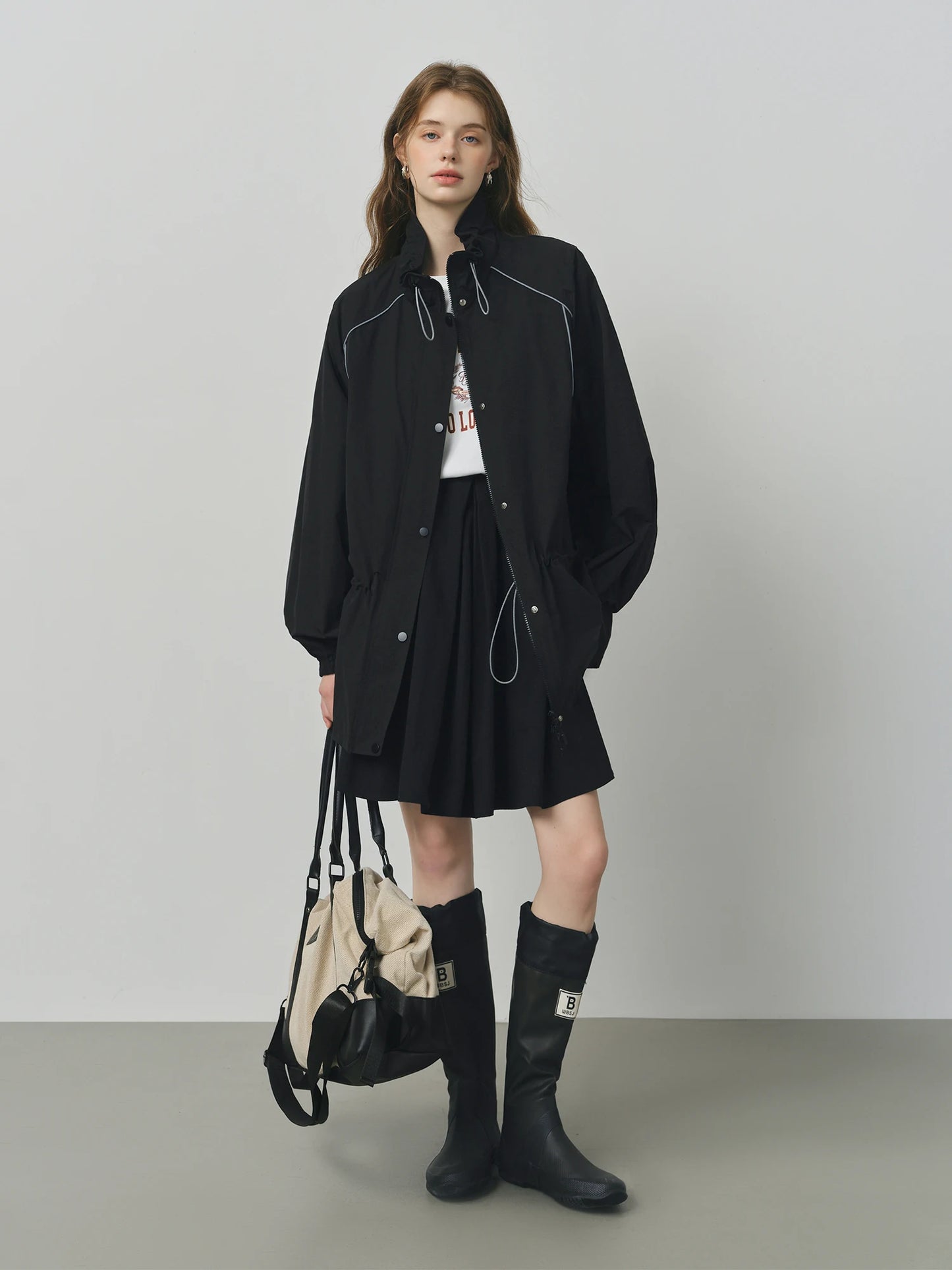 Black Reflective Drawstring Windbreaker