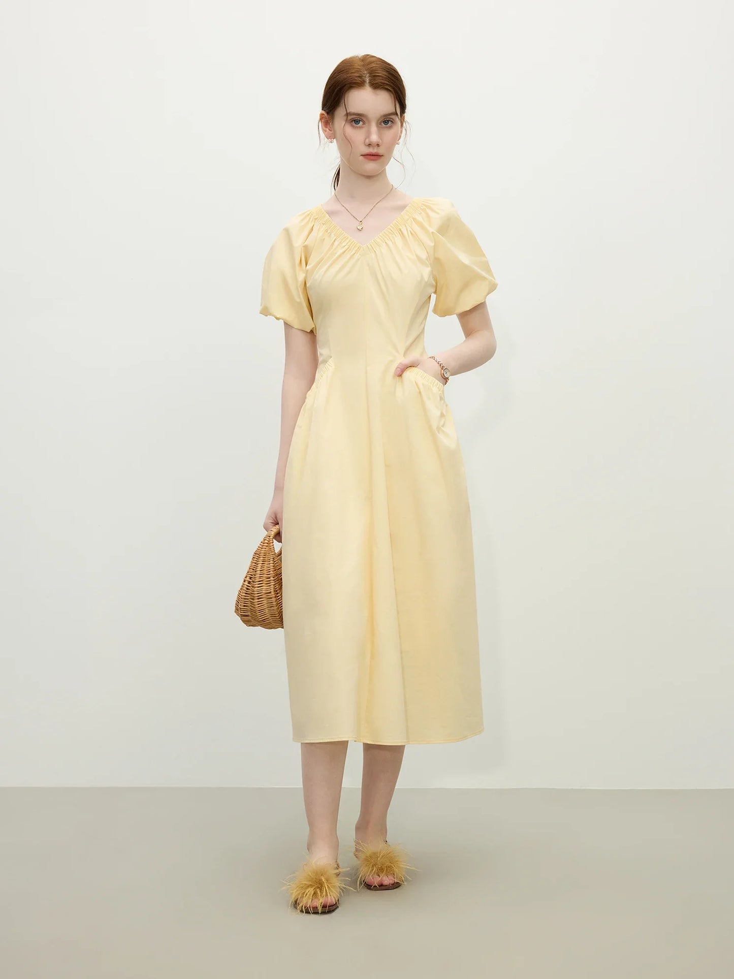 Butter Yellow Puff Sleeve Midi Dress