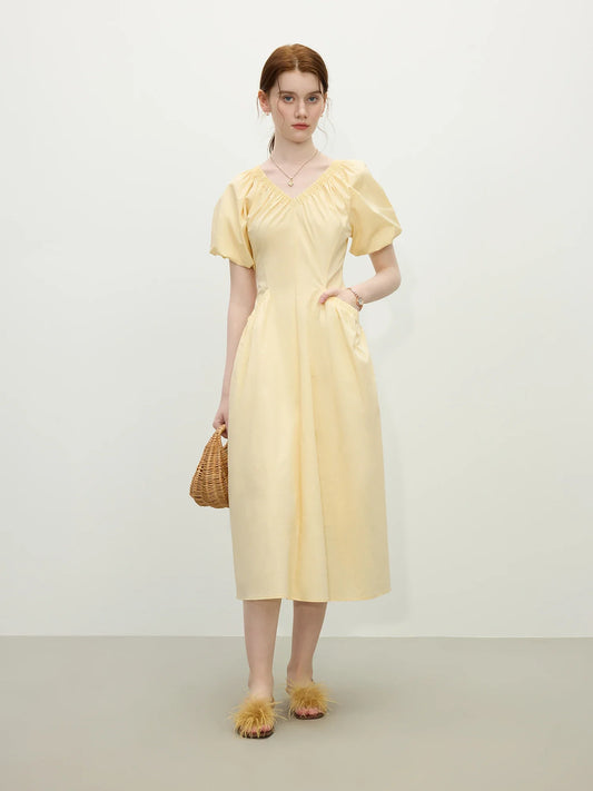 Butter Yellow Puff Sleeve Midi Dress