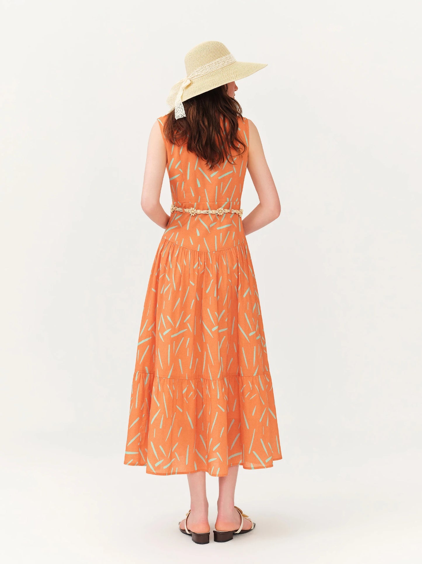 Orange Abstract Print Shirt Midi Dress