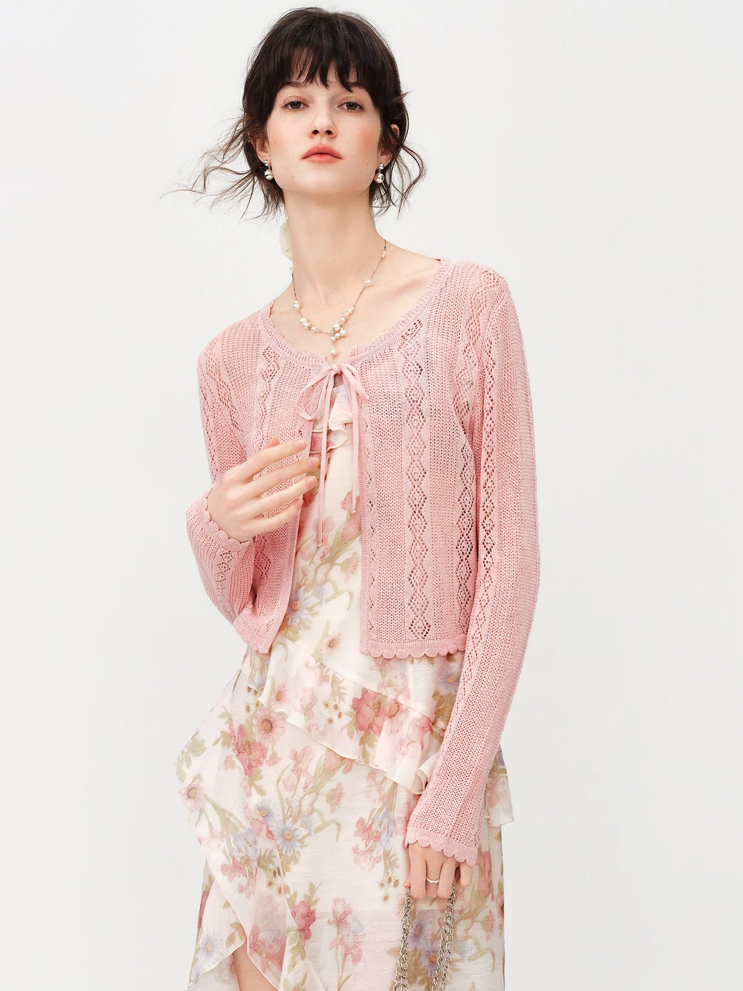 Blush Lace Cropped Knit Cardigan