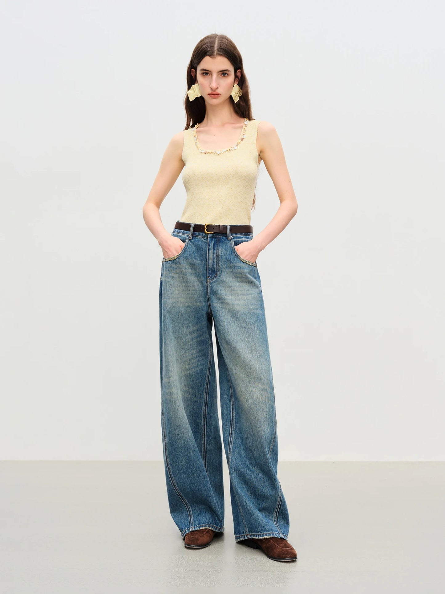 Medium Wash Flared Wide Leg Jeans