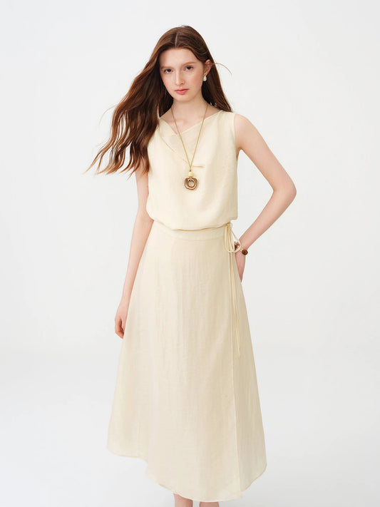 Ivory Draped Sleeveless Midi Dress