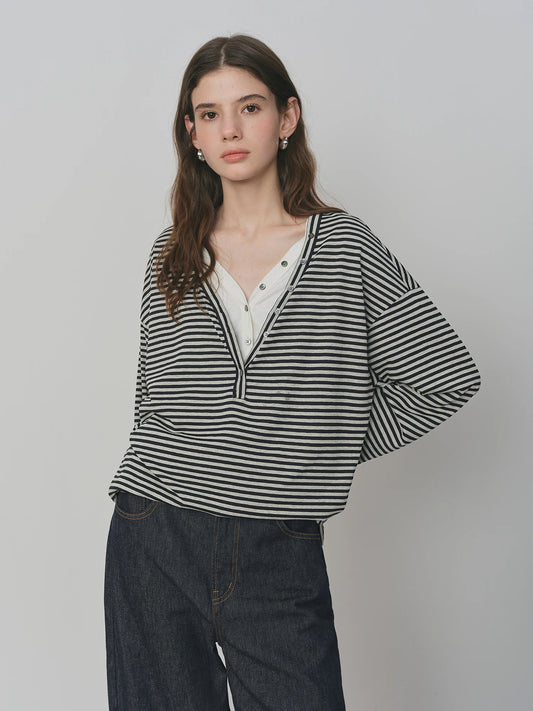 Striped V Neck Layered Long Sleeve Tee