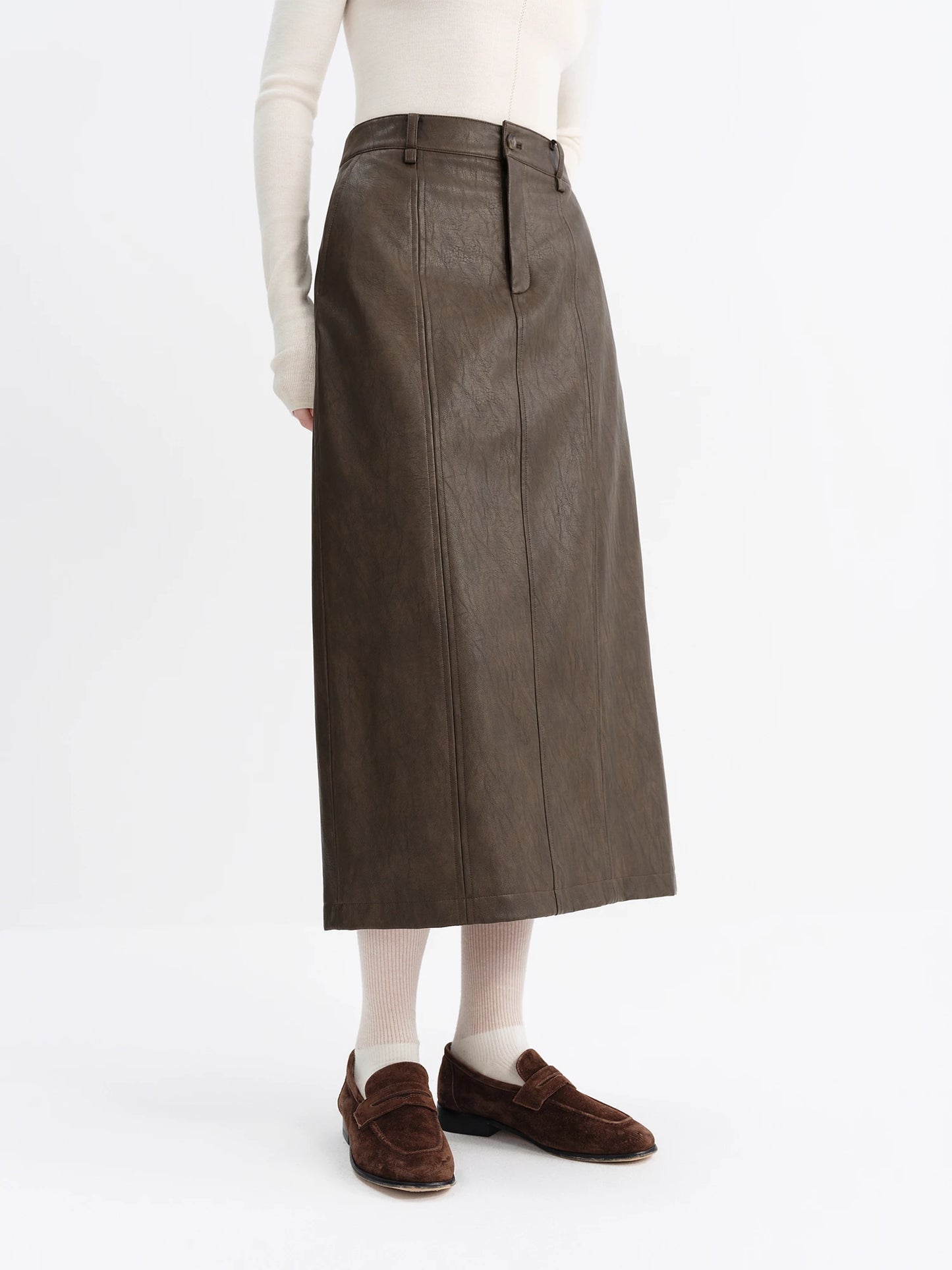 Brown Faux Leather Straight Midi Skirt