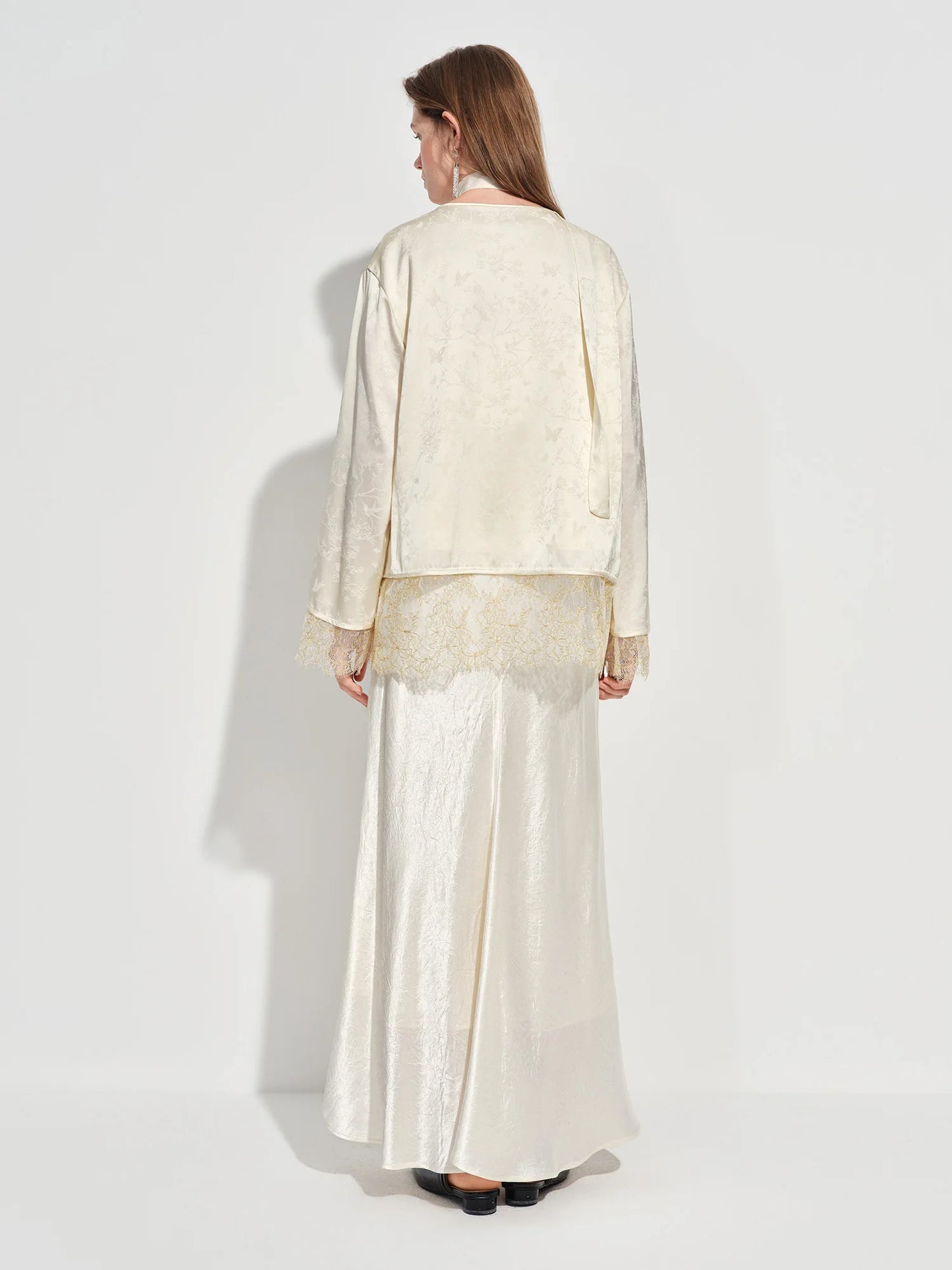 Ivory Jacquard Mandarin Collar Blazer