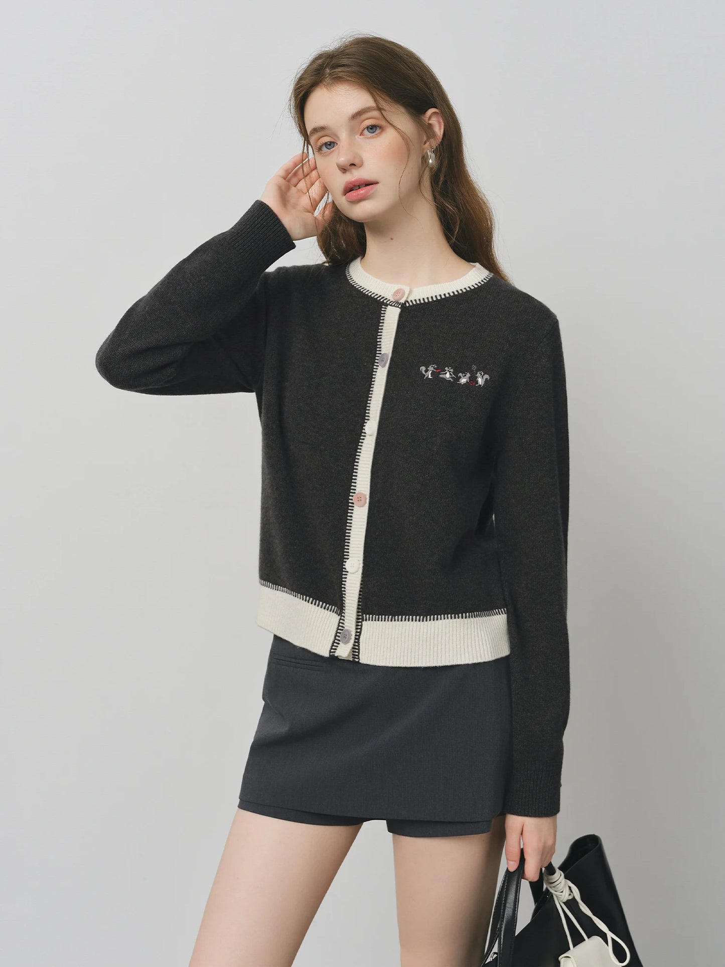 Beige Embroidered Crew Neck Cardigan