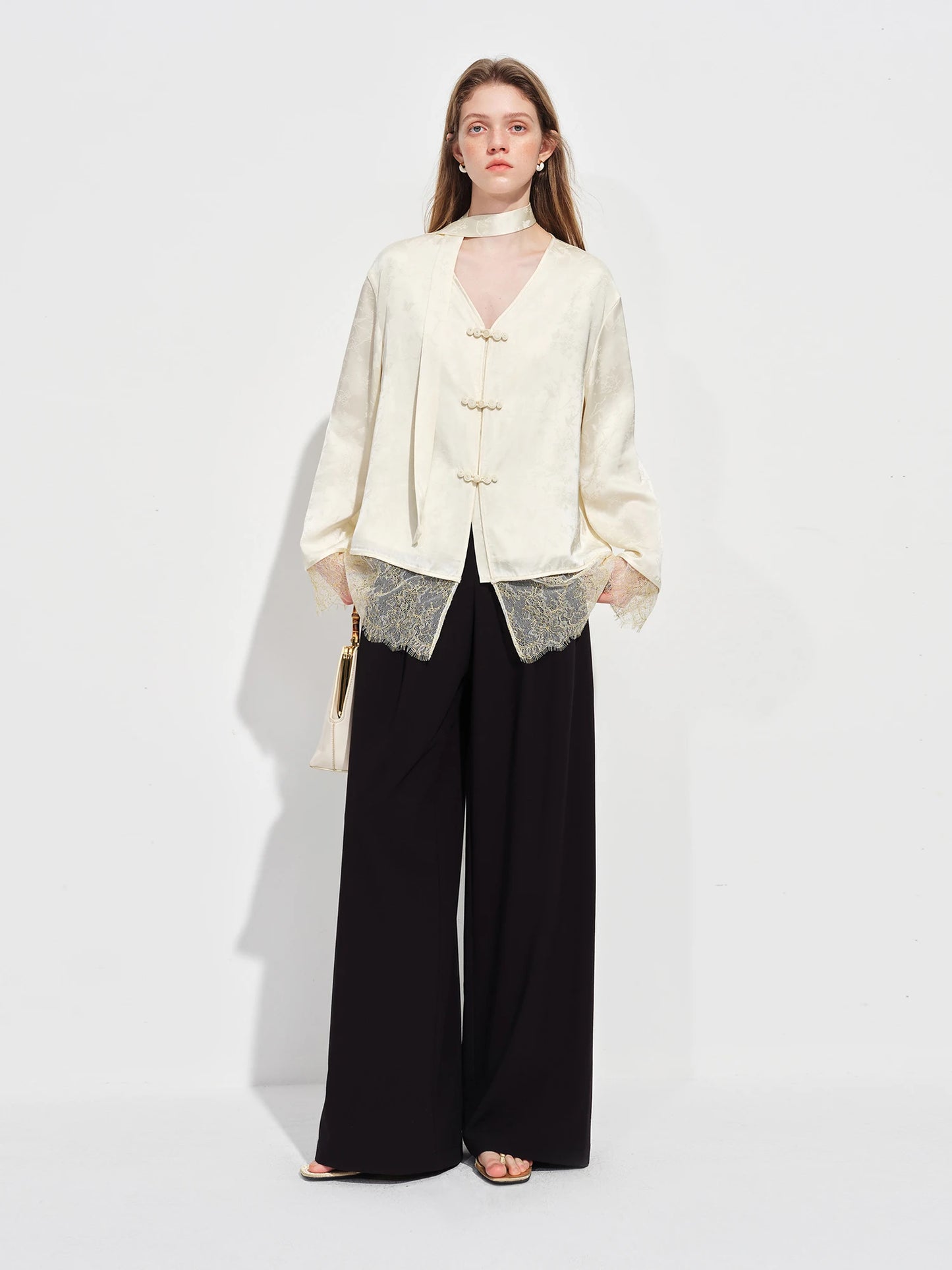 Ivory Jacquard Mandarin Collar Blazer