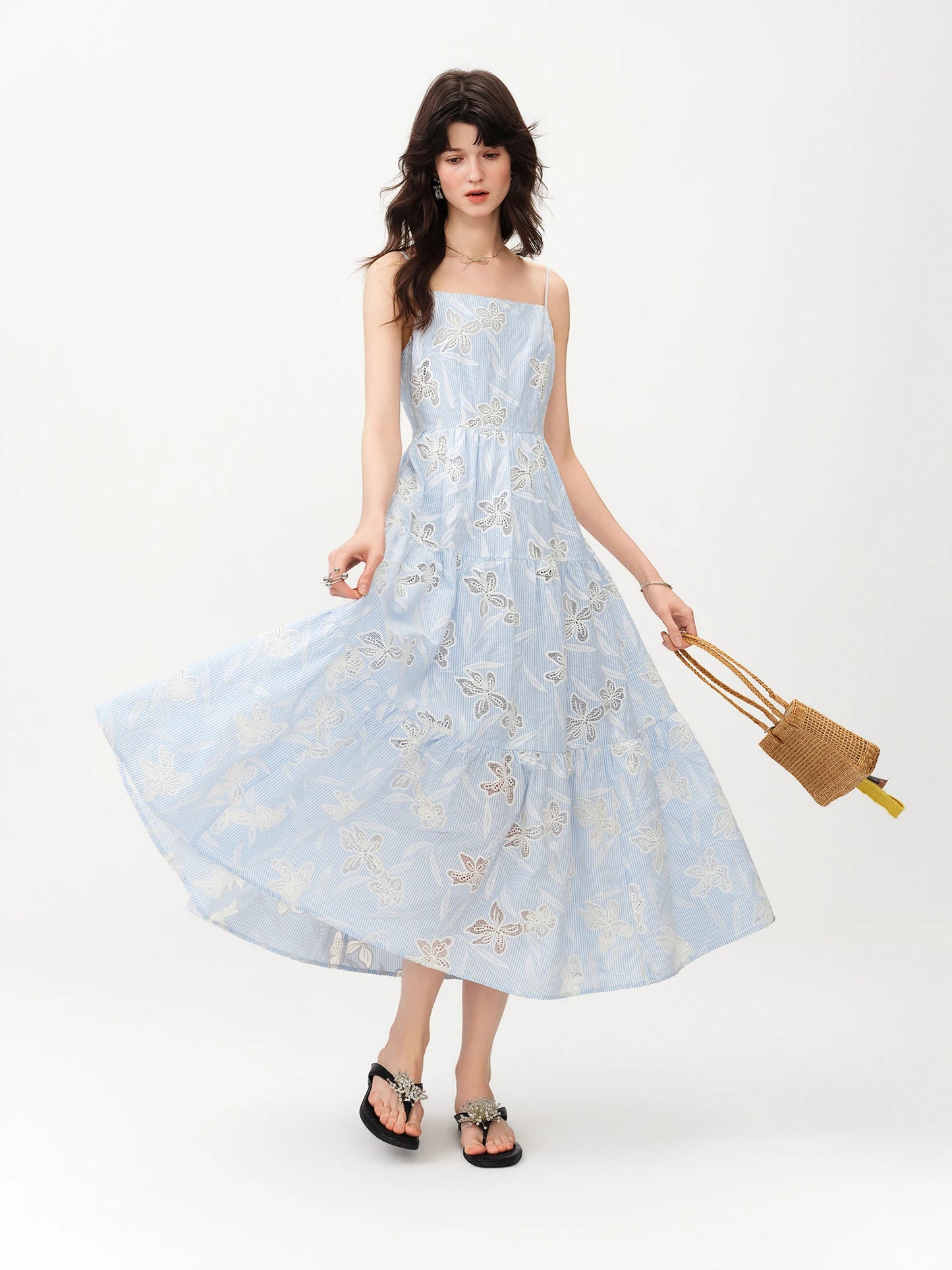 Pale Blue Floral Embroidered Maxi Dress