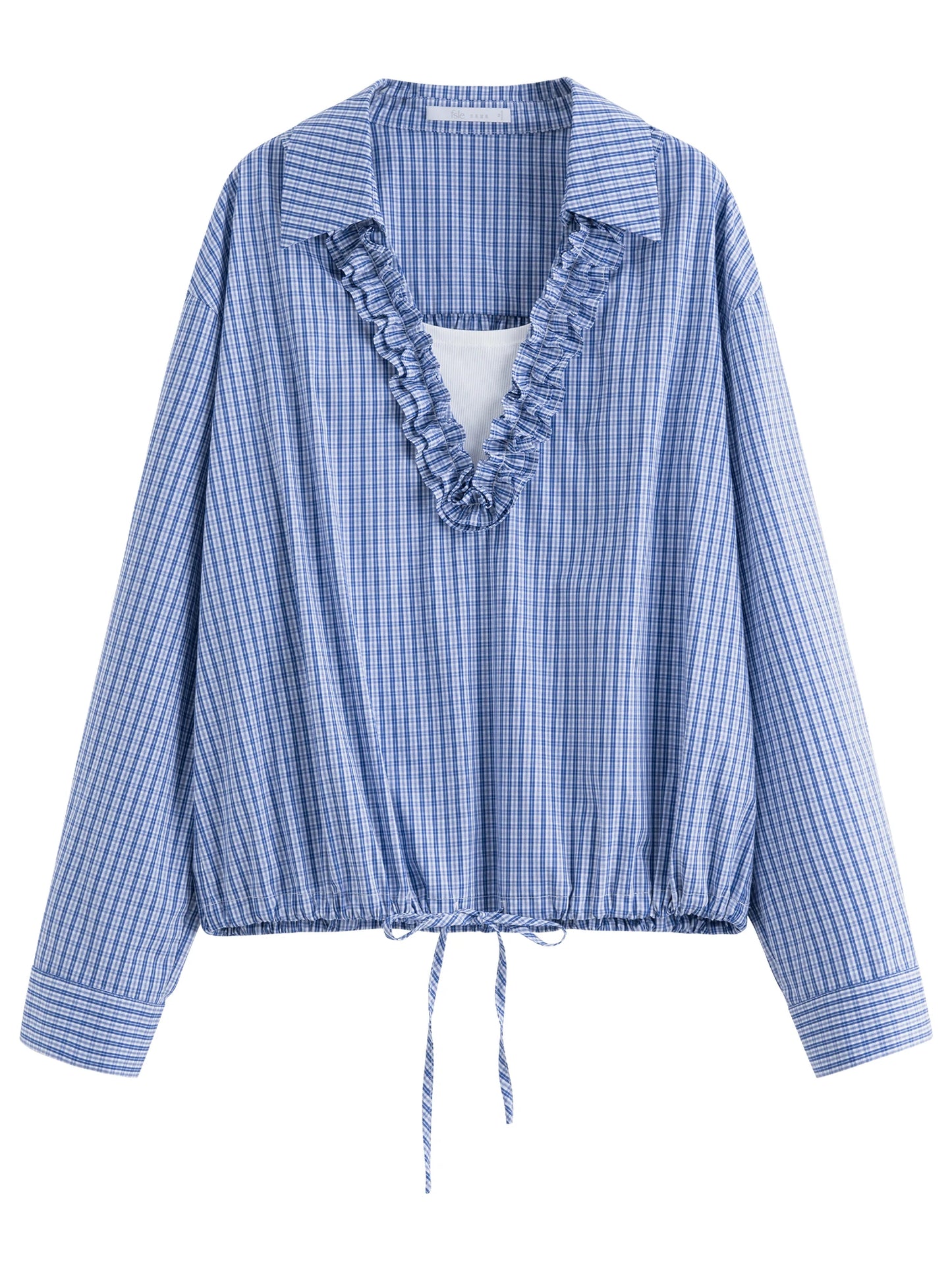 Blue Ruffle Collar Relaxed Pullover Blouse