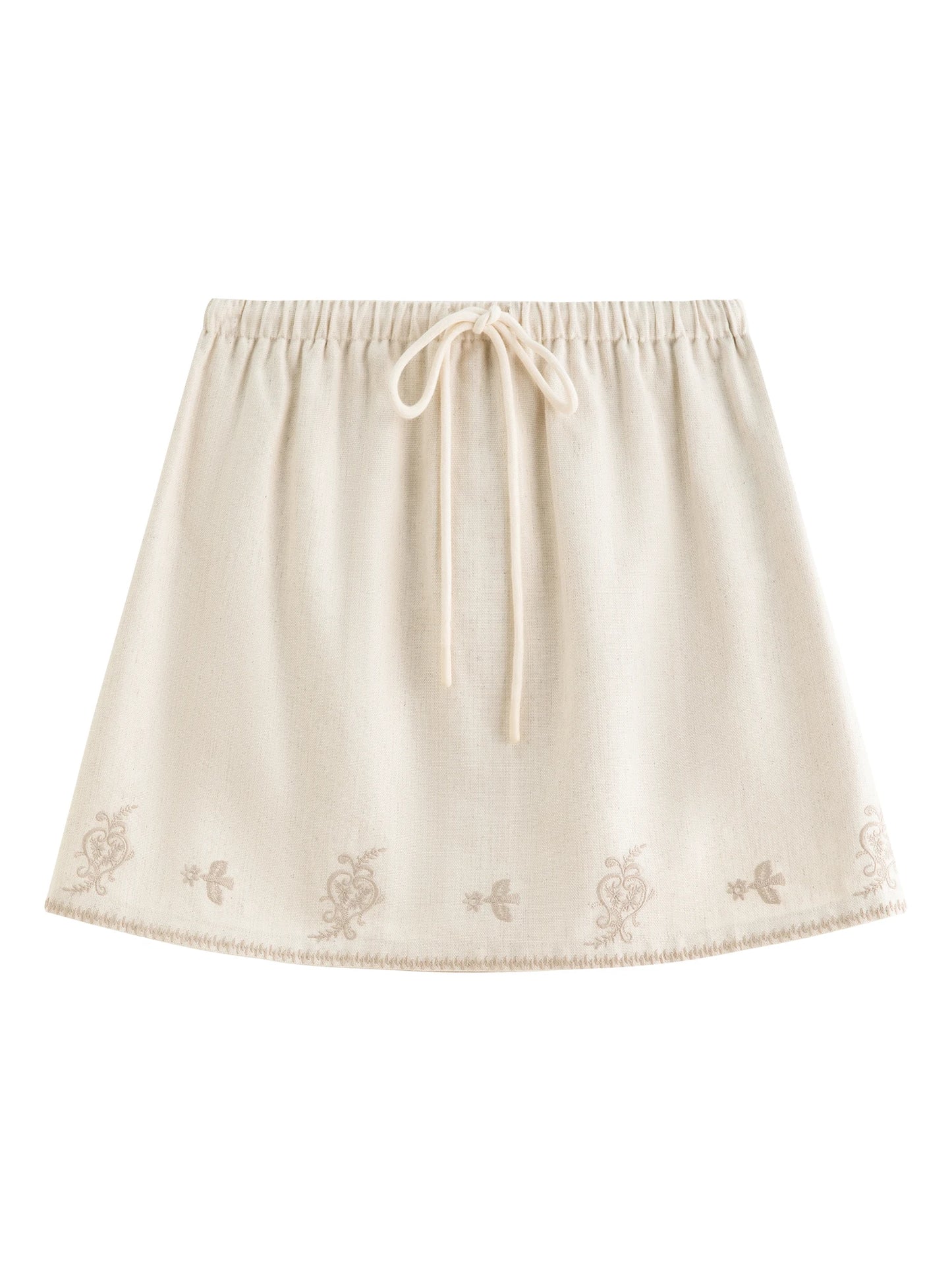 Ivory Embroidered Drawstring Mini Skirt