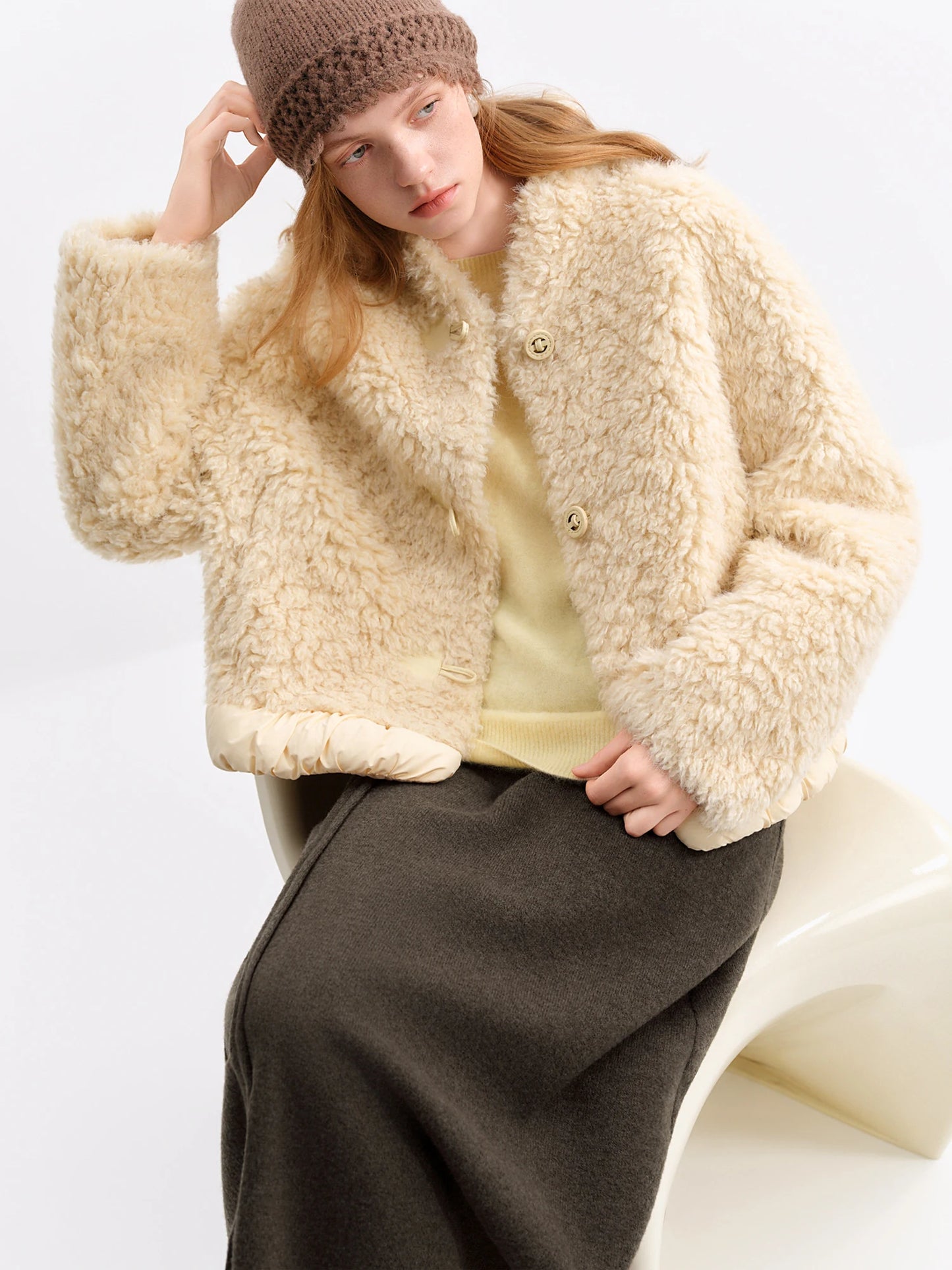 Ivory Faux Fur Bomber Jacket