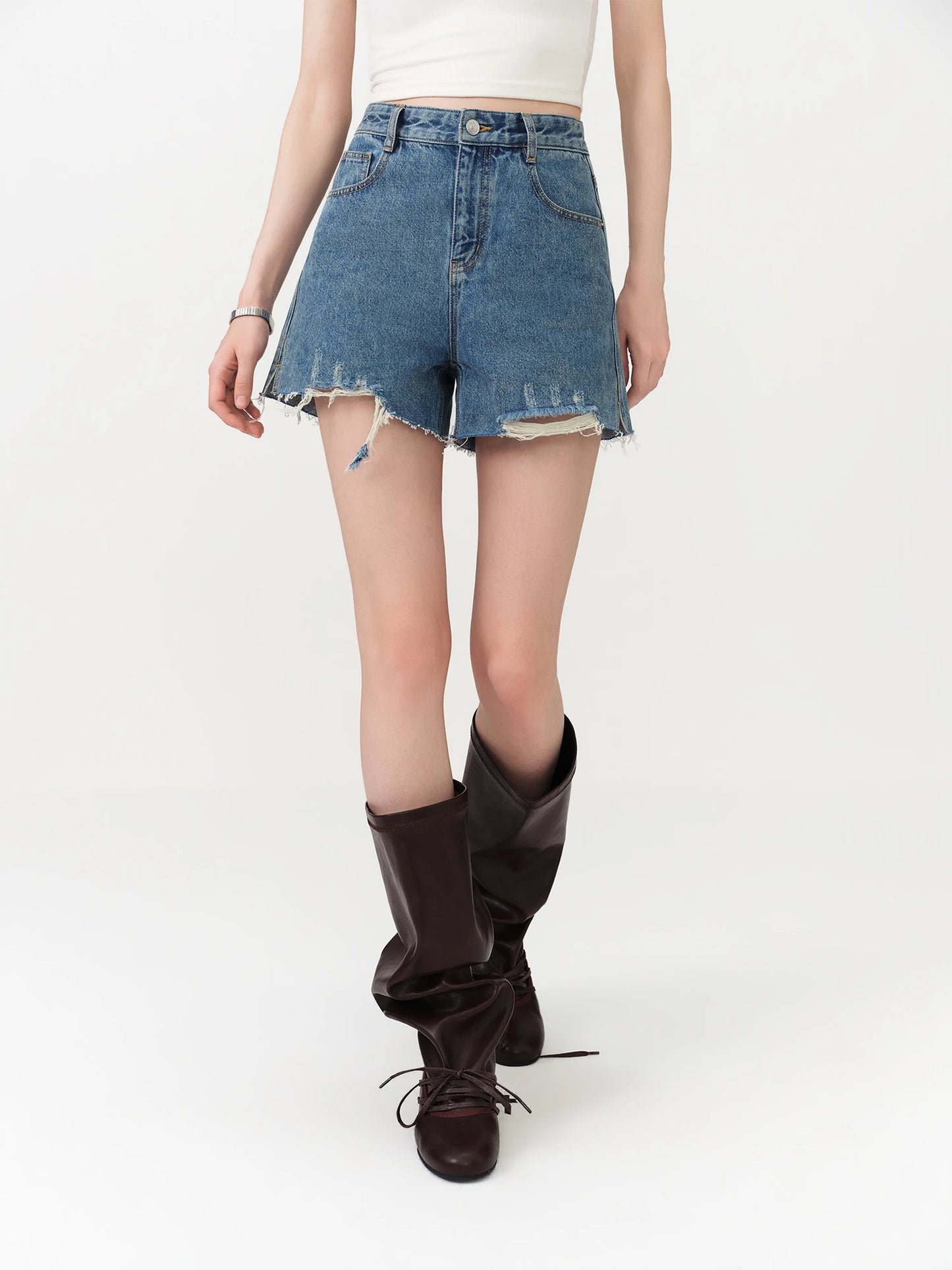 Blue Raw Hem Denim Shorts