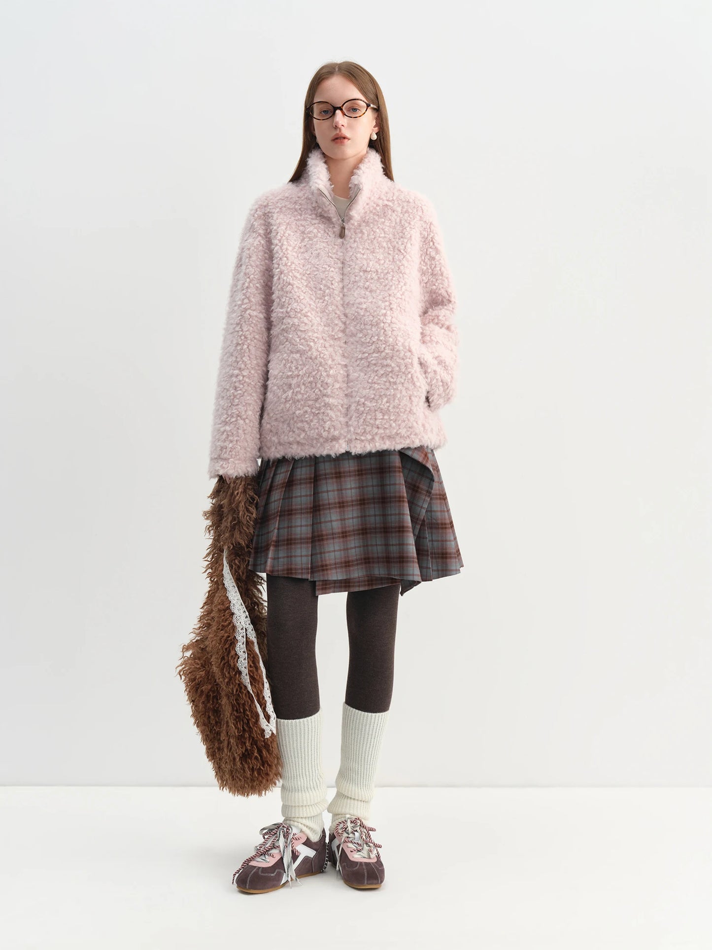 Brown Plaid Asymmetric Pleated Midi Skirt