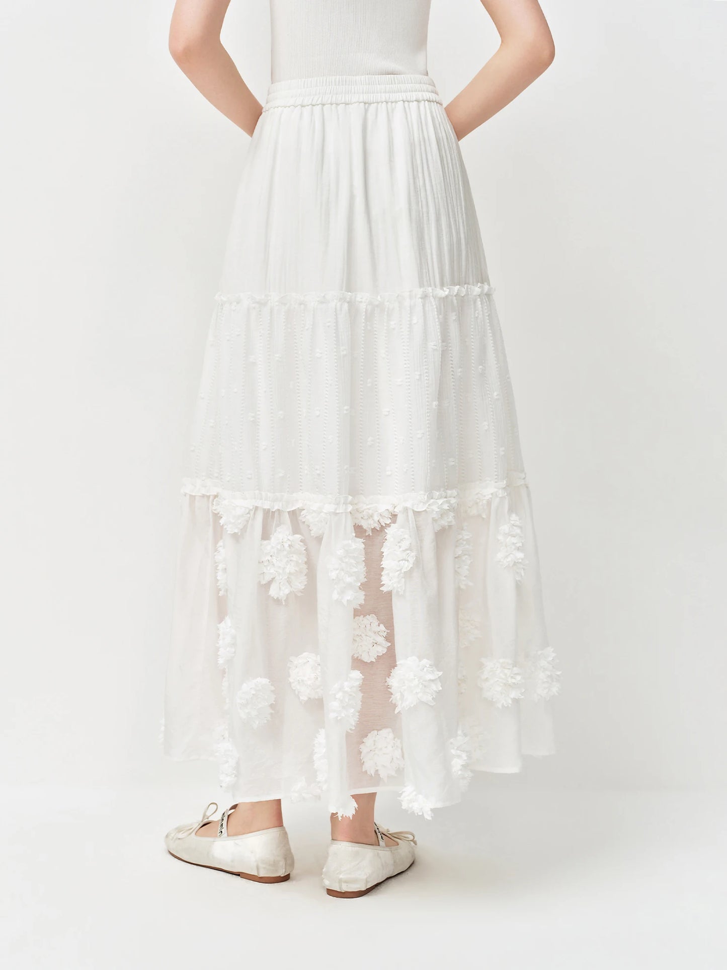 Ivory Floral Embroidered Tiered Maxi Skirt