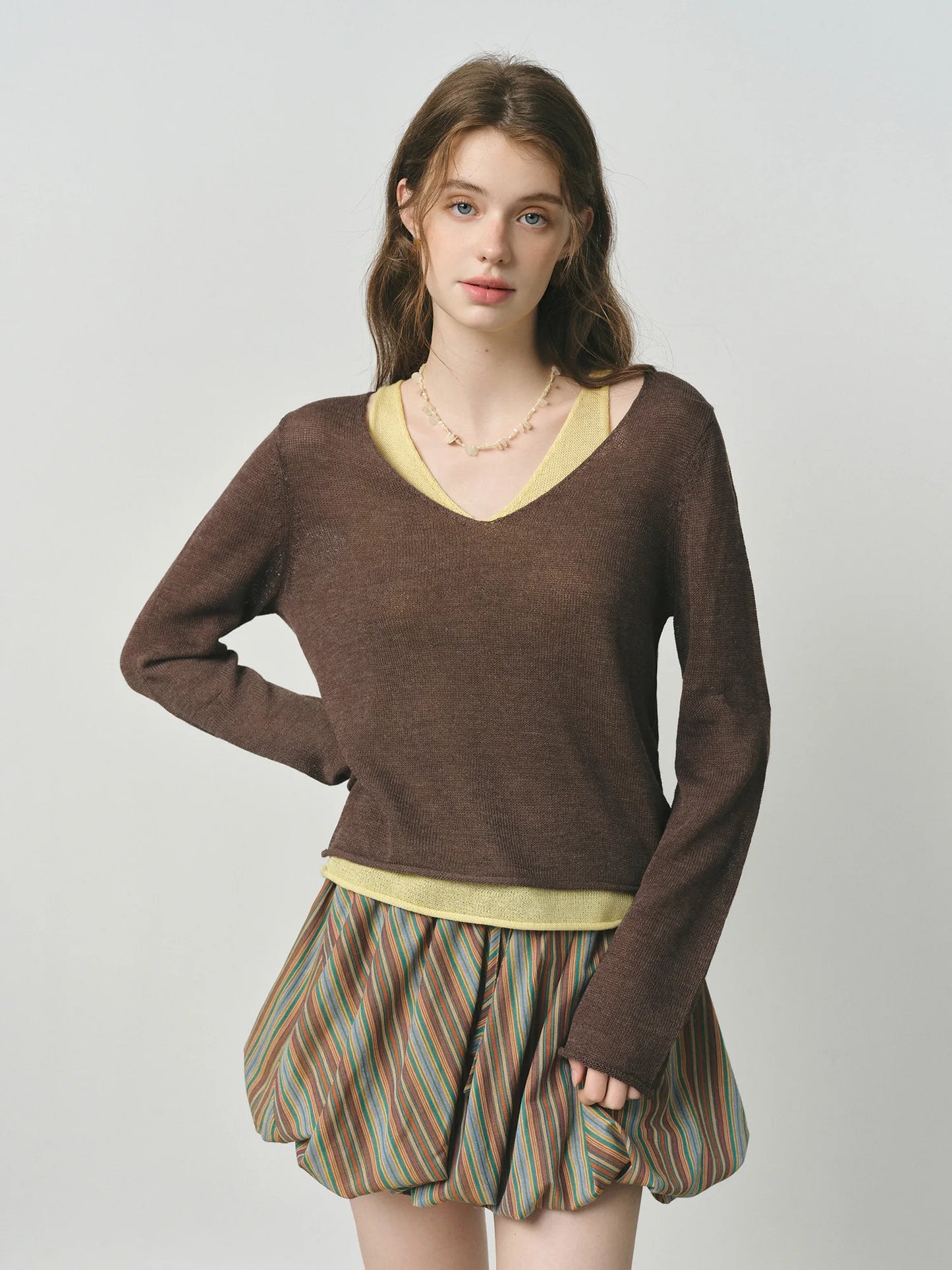 Chocolate Contrast Neck Sheer Knit Top