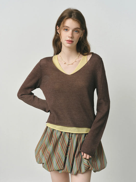 Chocolate Contrast Neck Sheer Knit Top