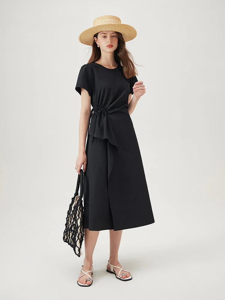 Black Draped Waist Midi Dress