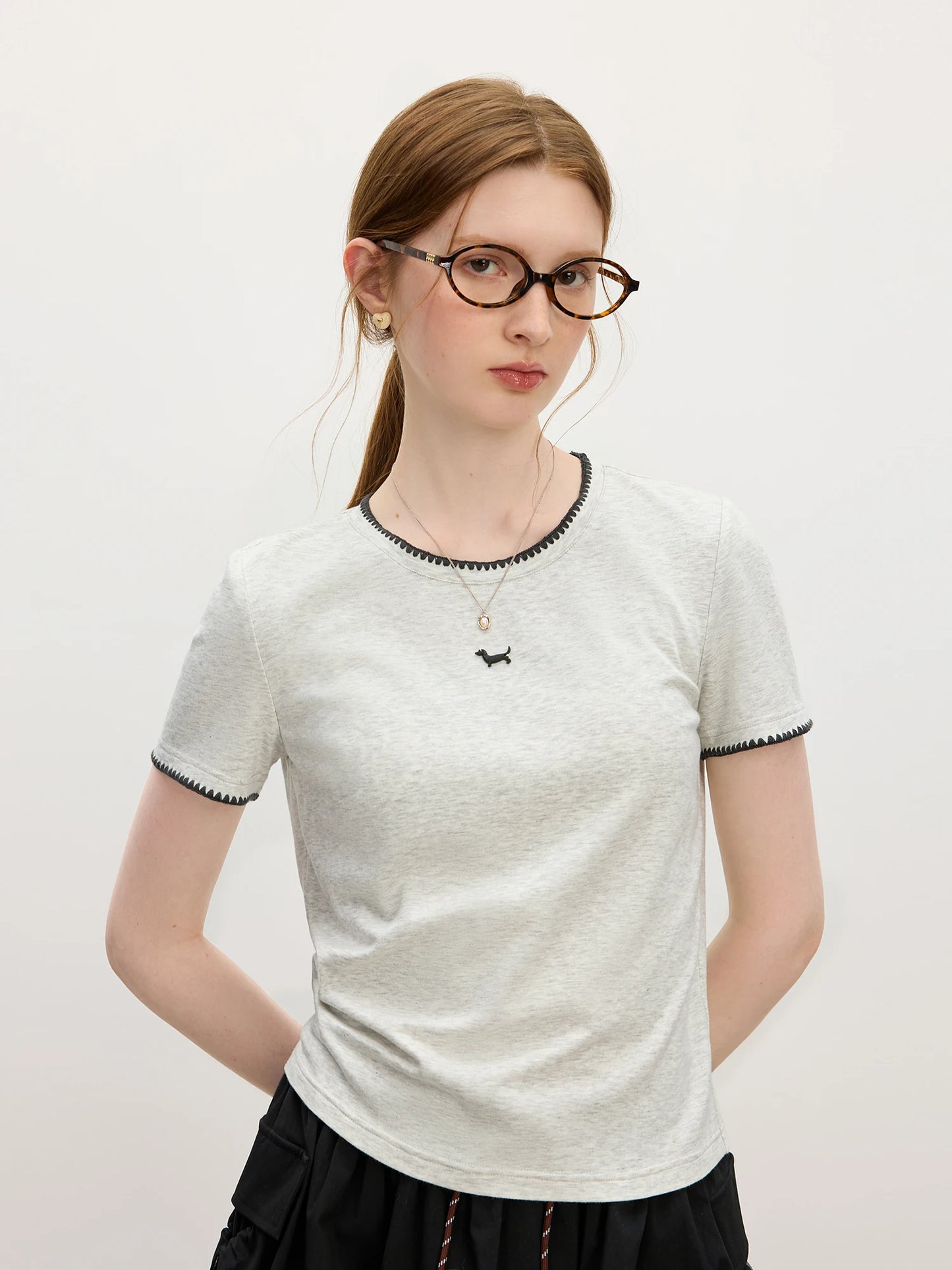 Grey Contrast Trim Fitted Knit Tee