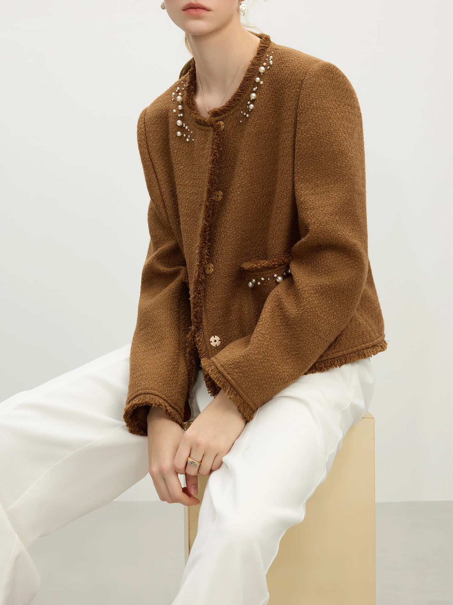 Camel Beaded Tweed Jacket