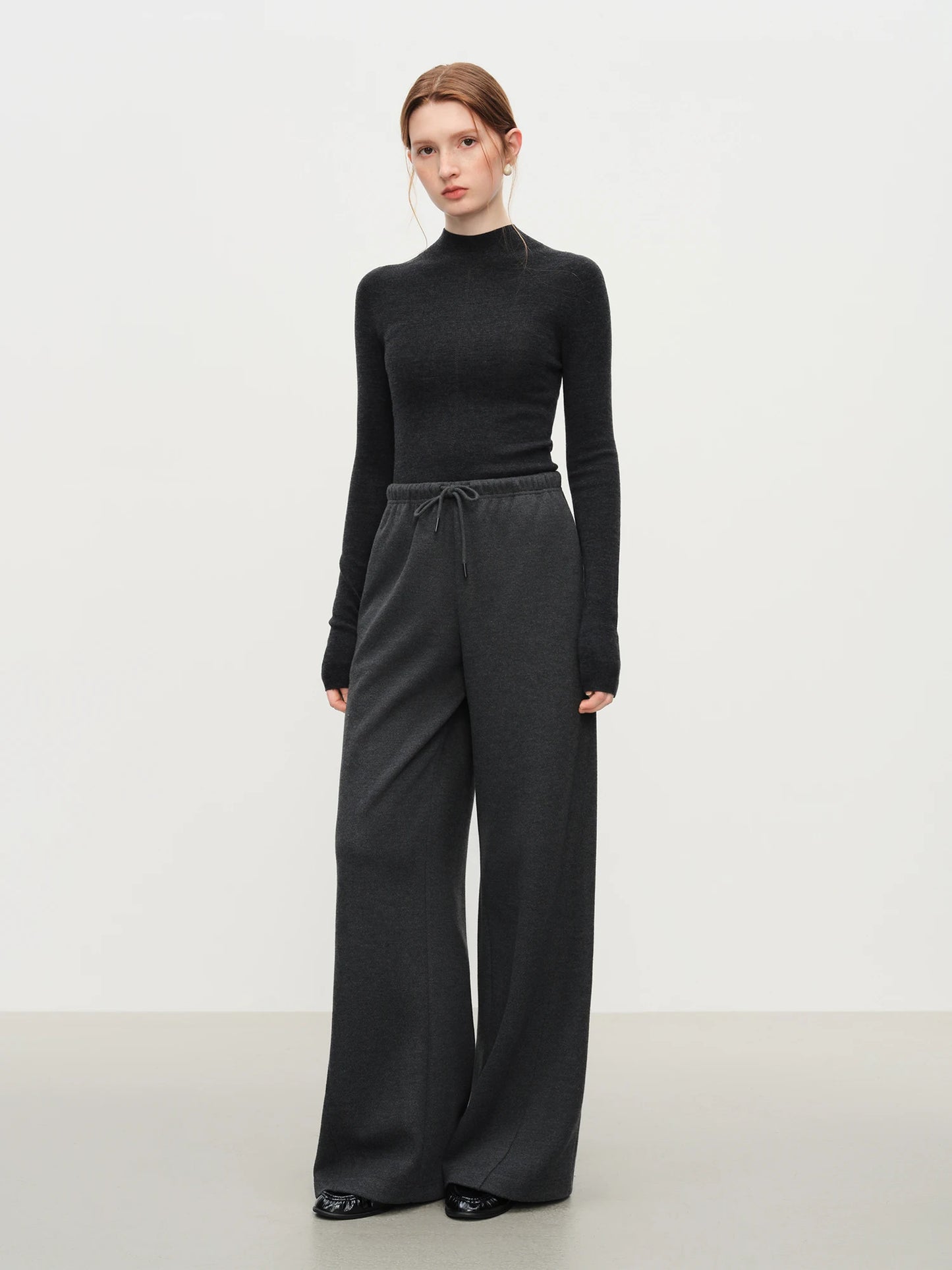 Grey Drawstring Knit Wide Leg Pants