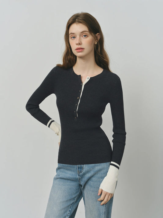 Black Contrast Cuff Henley Knit Top