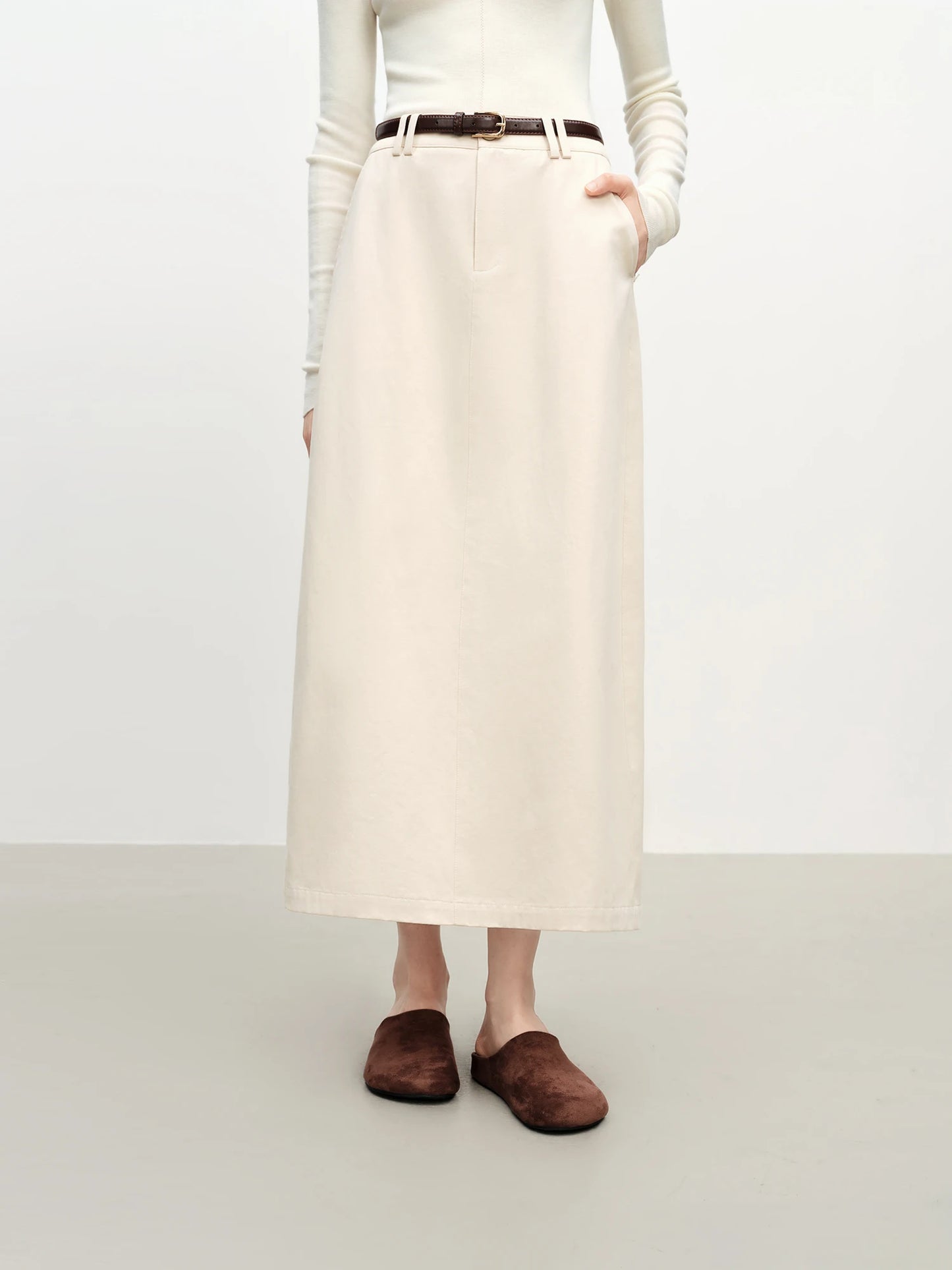 Ivory Belted Straight Maxi Skirt