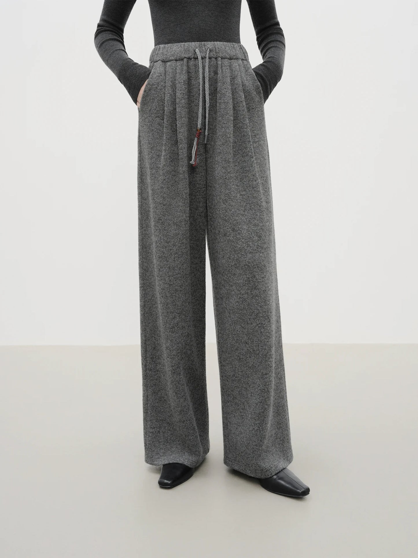 Charcoal Drawstring Wool Wide Leg Pants
