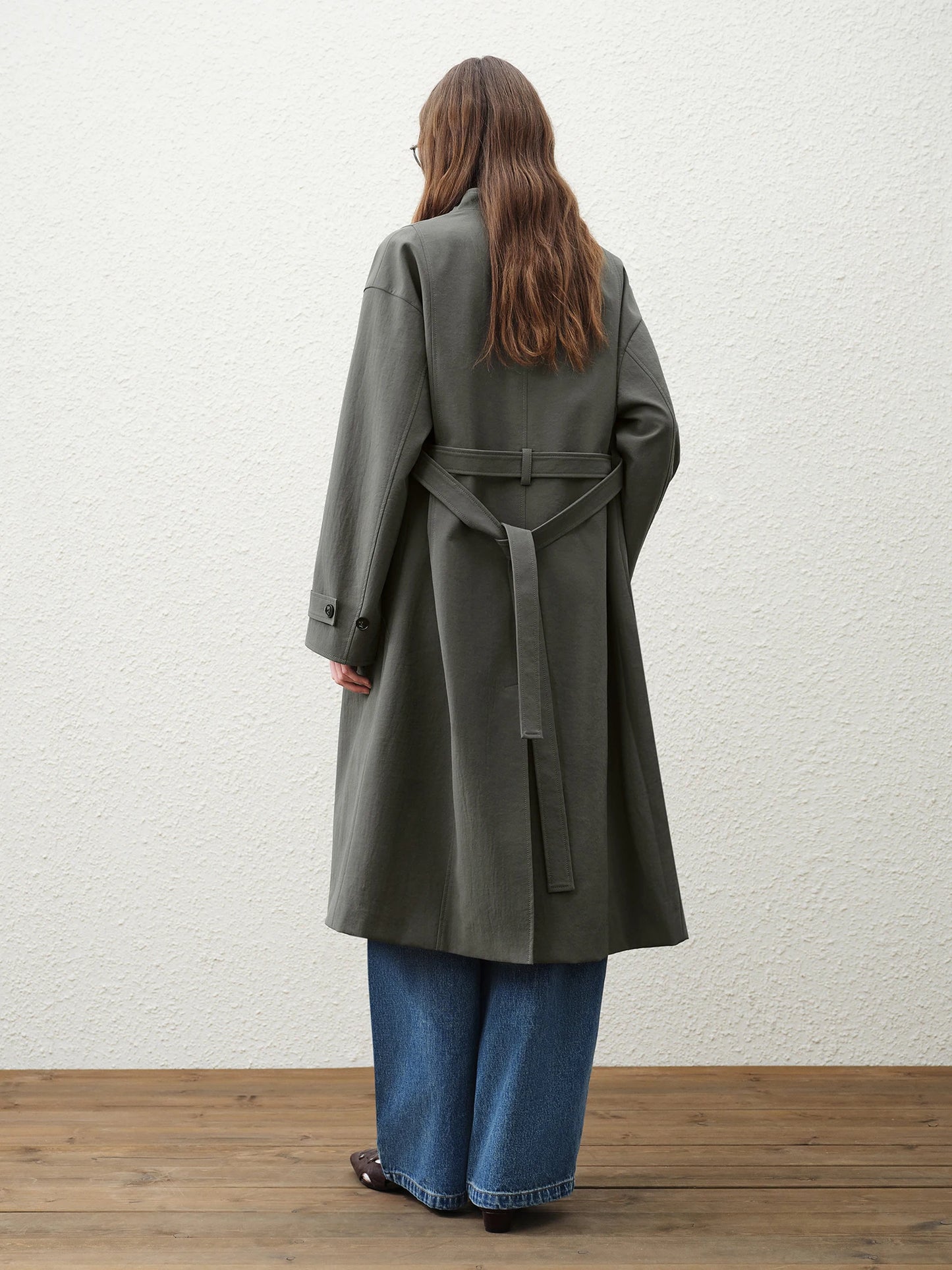 Dark Olive Asymmetric Belted Long Trench