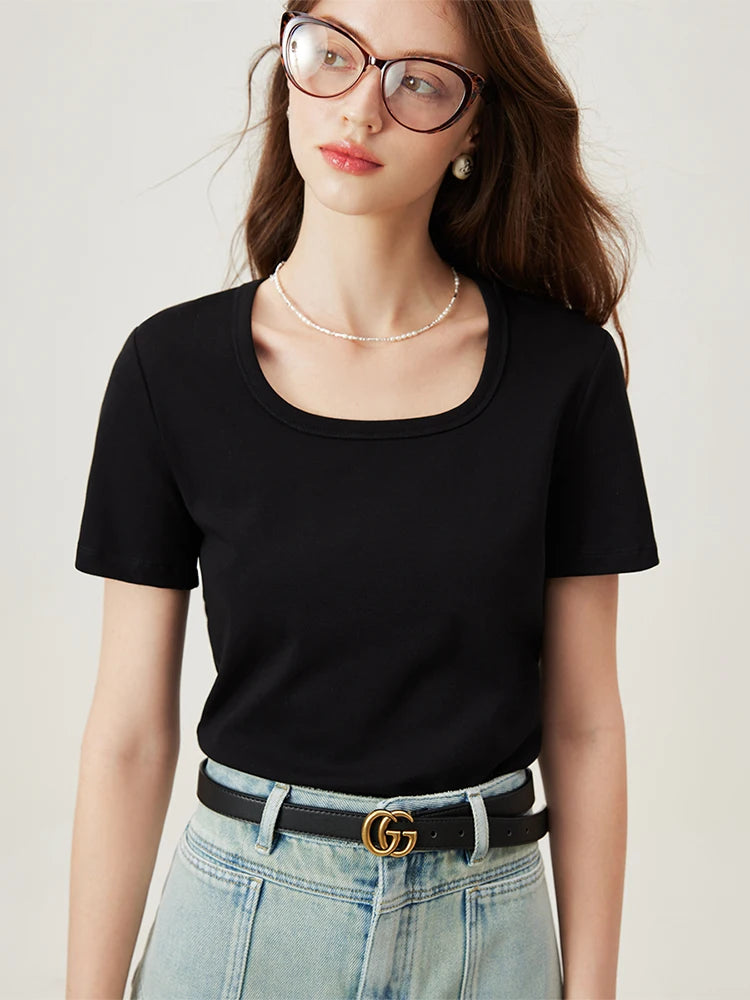 Black Scoop Neck Fitted Cotton Tee