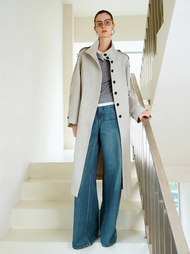 Pale Grey High Collar Belted Trench