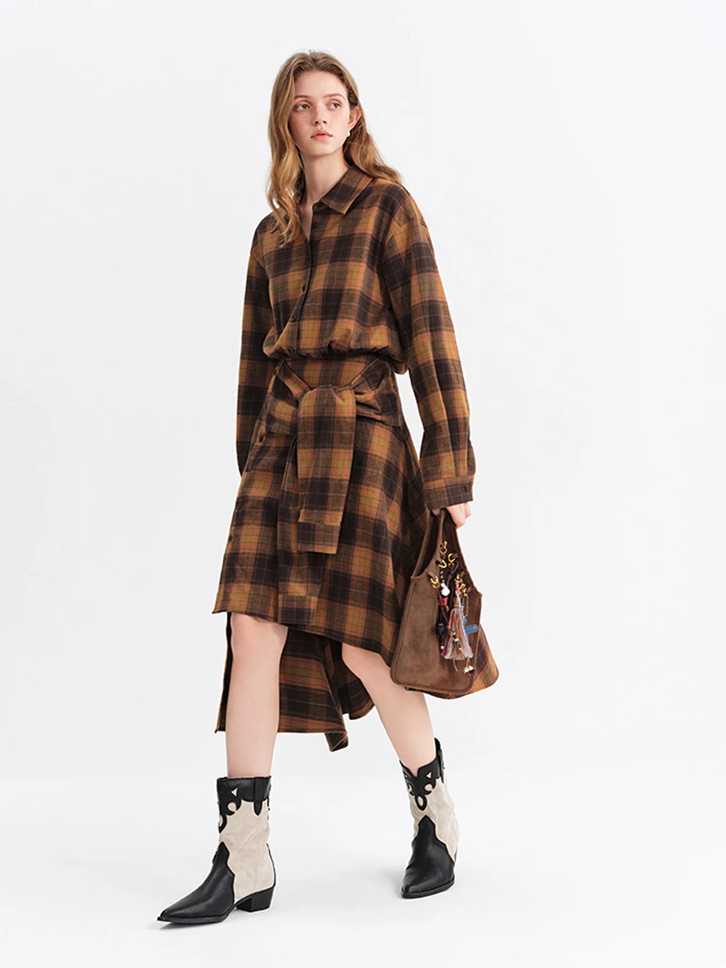 Brown Plaid Belted Shirt Maxi Dress