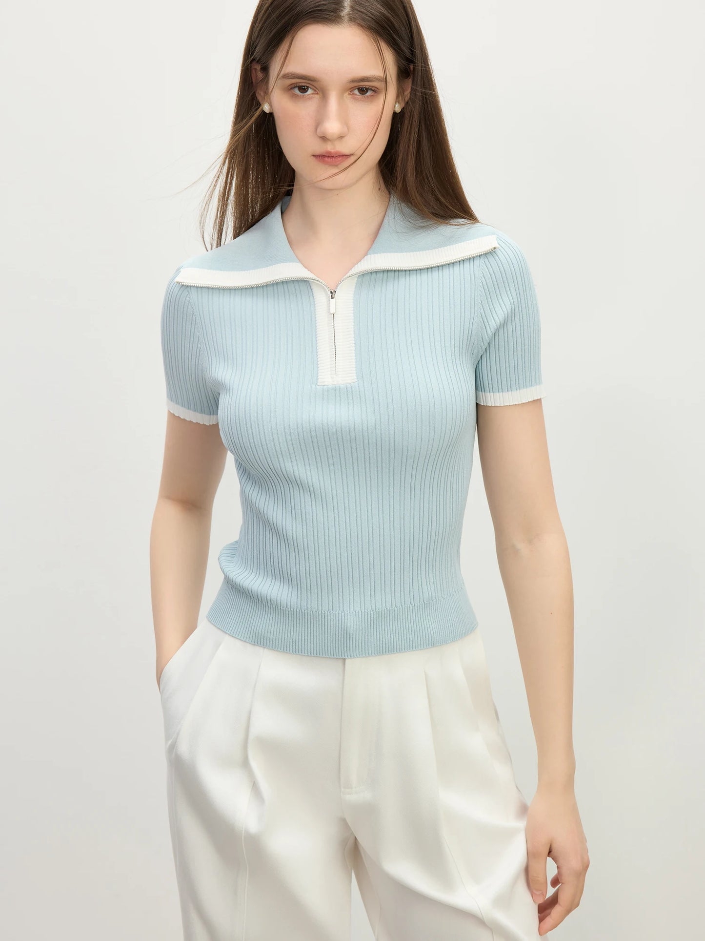 Powder Blue Contrast Collar Ribbed Knit Top