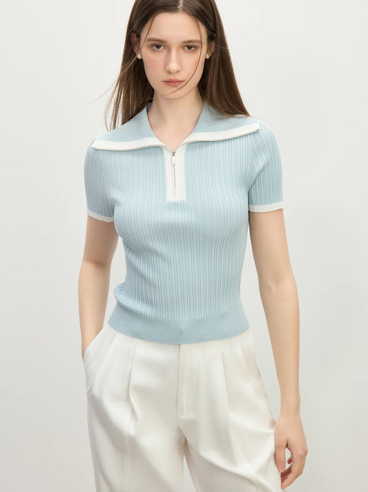 Powder Blue Contrast Collar Ribbed Knit Top