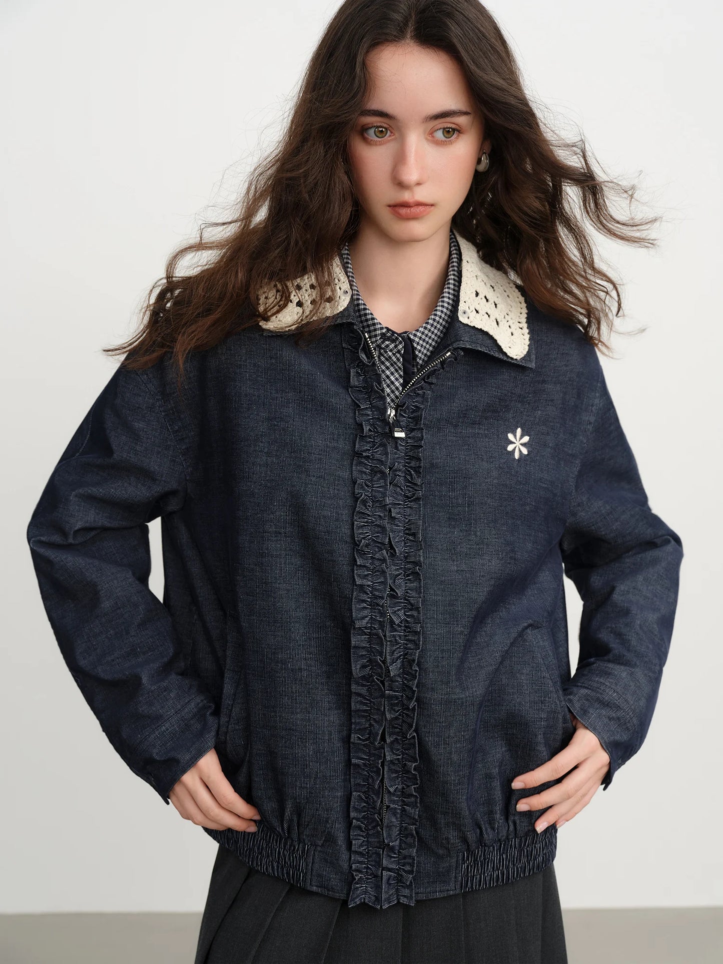 Dark Indigo Lace Collar Denim Jacket