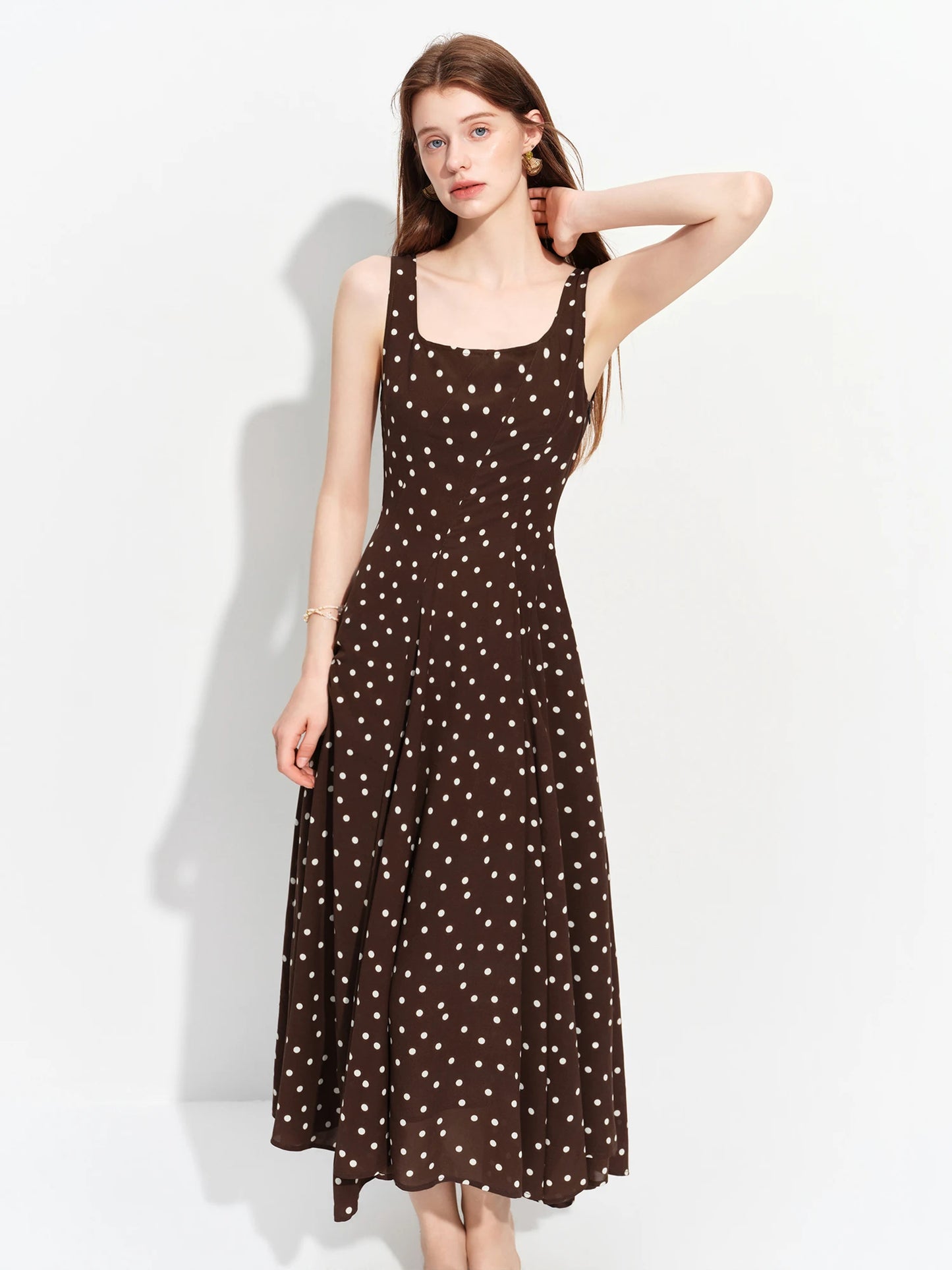 Brown Polka Dot Square Neck Maxi Dress