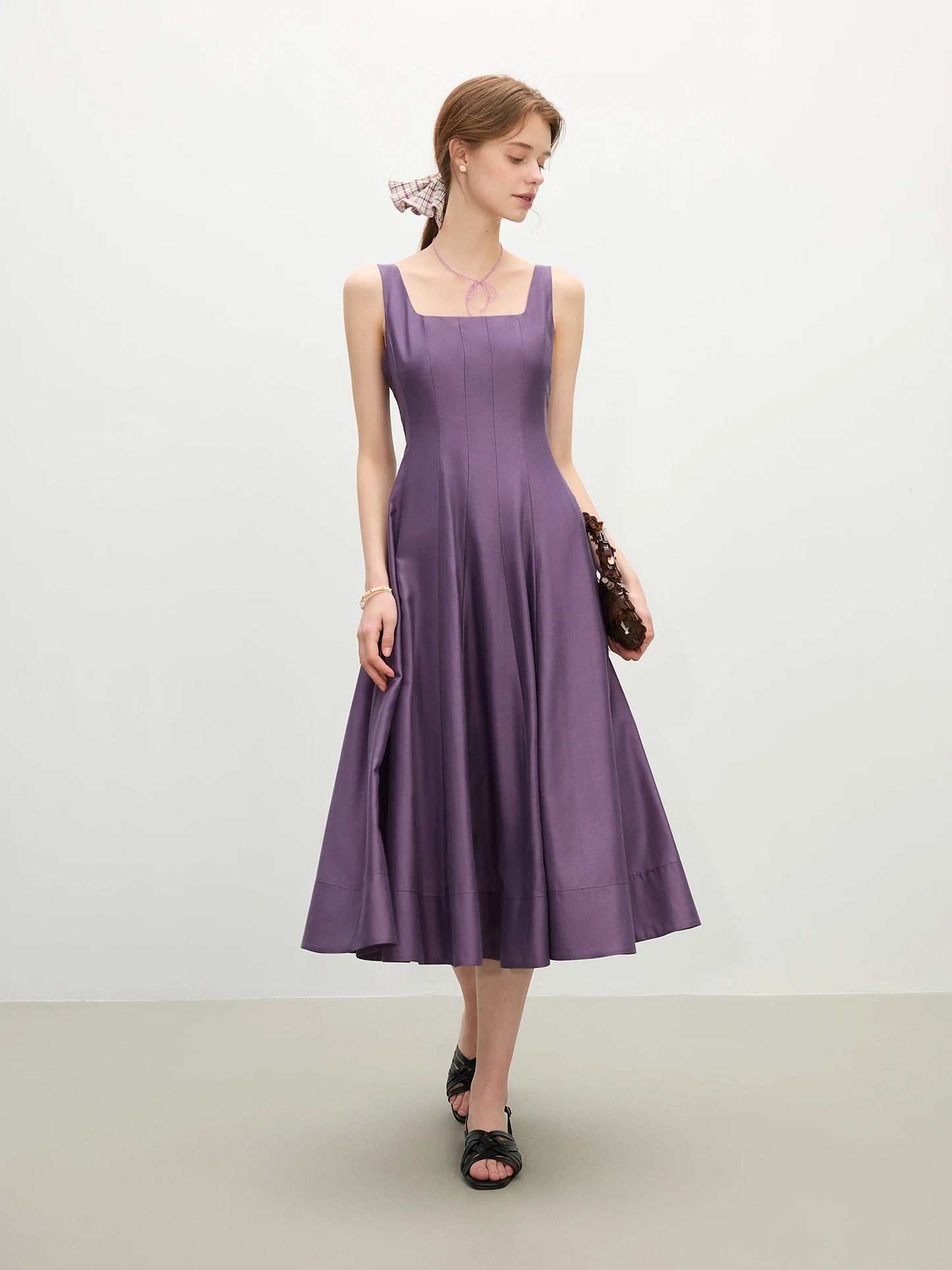 Purple Square Neck A-Line Midi Dress