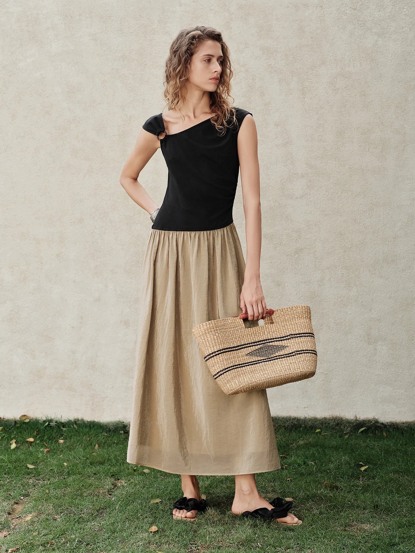 Black Taupe Asymmetric Panel Maxi Dress